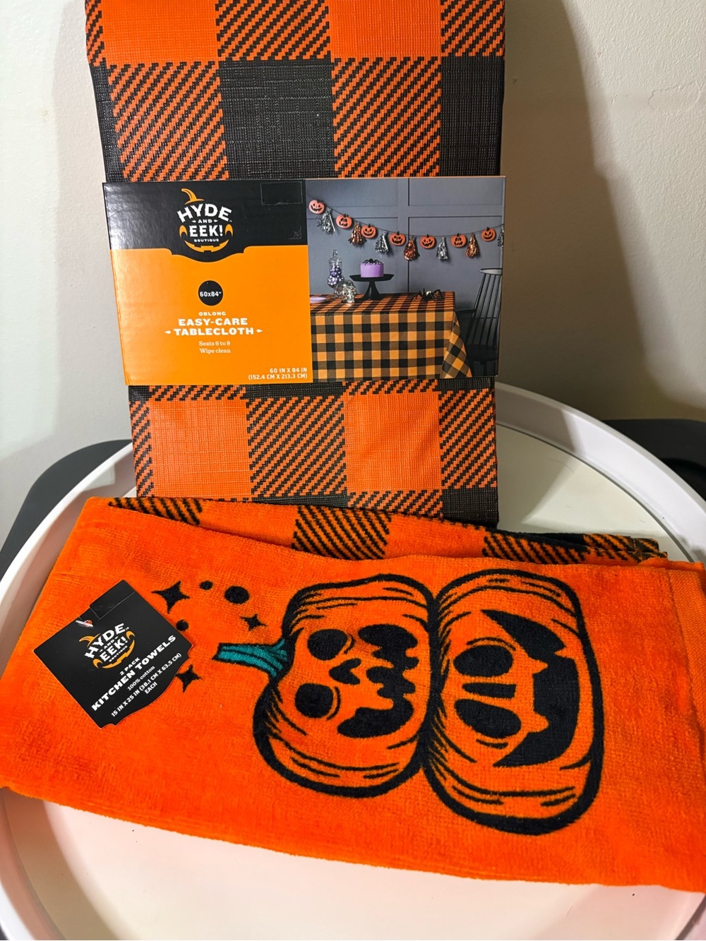 Hyde & EEK Orange and Black Buffalo Plaid Tablecloth + Pumpkin Kitchen Towel